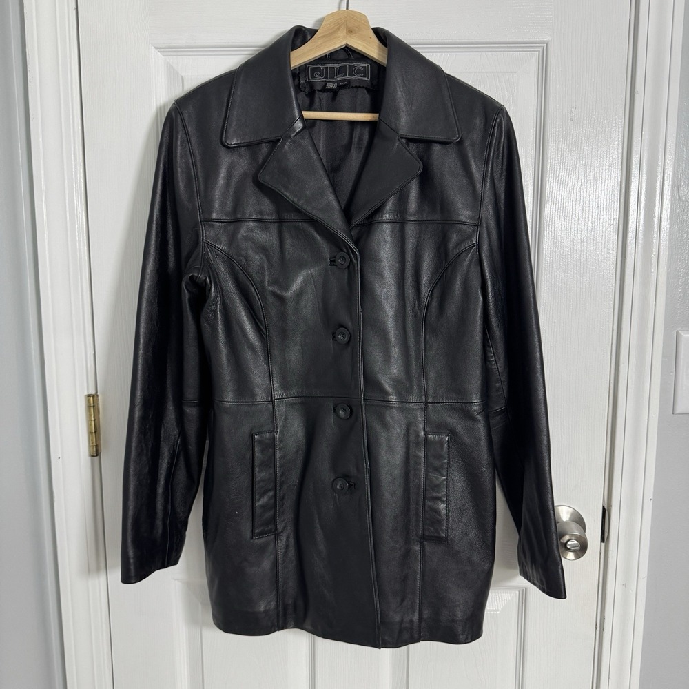 JLC Y2K Mens Large Black 100% Leather Jacket Button Front Coat Classic Vintage